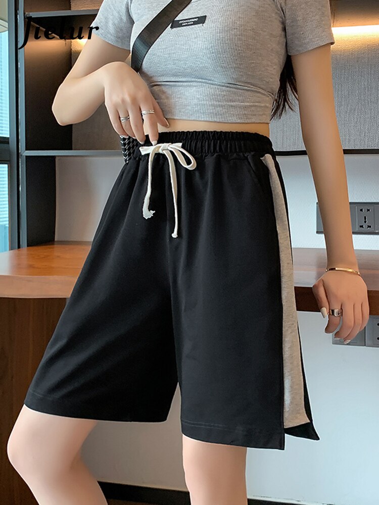 jinran  High Street Women's Shorts Summer Casual Sports Pants Black Light Gray Striped Patchwork Loose Half Pants Woman M-XXL