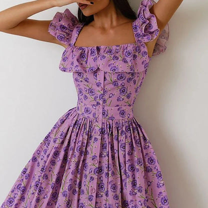 jinran Women Sexy Square Collar Hem Boho Long Dress Spring Print Button A-Line Party Dress Summer Puff Sleeve Ruffle Holiday Maxi Dress