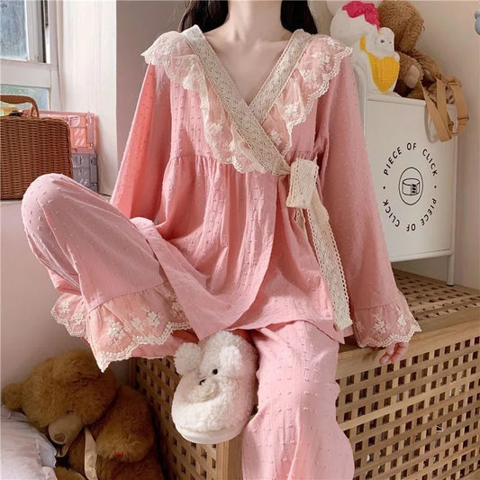 jinran New V-neck Tied Pajama Set for Women Spring Autumn Tops Long Sleeved Pants Lace Lace Pajamas