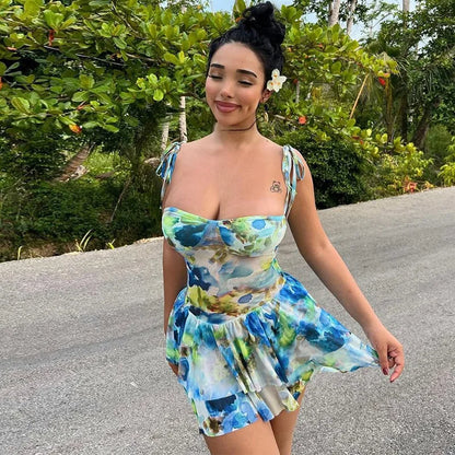 jinran Summer Women Sexy Y2K Print Flower Spaghetti Shoulder Strap Mini Dress Graphic Evening Birthday Party Clubwear Sundress Vestidos