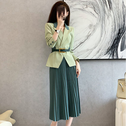 jinran 2022 Spring New Women's Two Pieces Suit Set Office Lady French Graceful Coats+Pleated Skirts Sets with Waistband Green Clothing