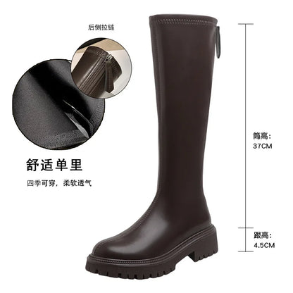 nvxiot  -  Women's Long Boots  Autumn/Winter Thick Sole Round Toe Fashion Versatile Inner Heightening British Brown Knight Boots Women