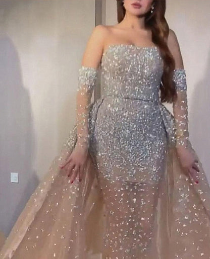 jinran Women Elegant Formal Dress 2024 Sequined Sexy Strapless Maxi Dress Luxury Wedding Bridesmaid Evening Party Dresses