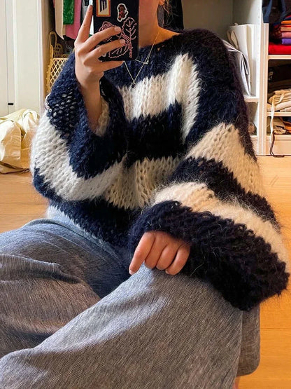 jinran Mohair Stripe Knit O-neck Women's Pullovers Lantern Sleeve Oversized Loose Sweater 2024 Autumn Casual Office outerwears