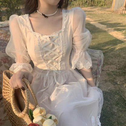 jinran Women Lace Elegant Princess Party Fairy Dress French Vintage Midi Dress Female Spring Casual Korean Wedding Victorian Dress
