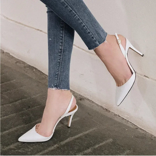 jinran 6cm New Fashion Sandals Pointed Toe High Heels Ankle Wrap White Ladies Dress Women Shoes 40 41