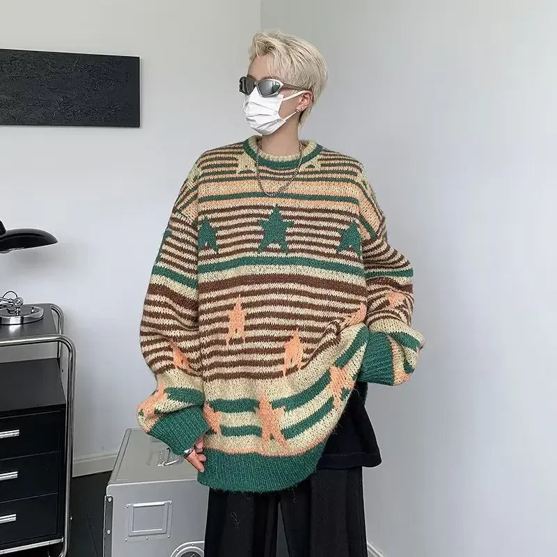 Y2K Star Sweater Men Harajuku Striped Knitted Pullovers Jumpers Male Tops Oversize Purple Winter Streetwear Hip Hop