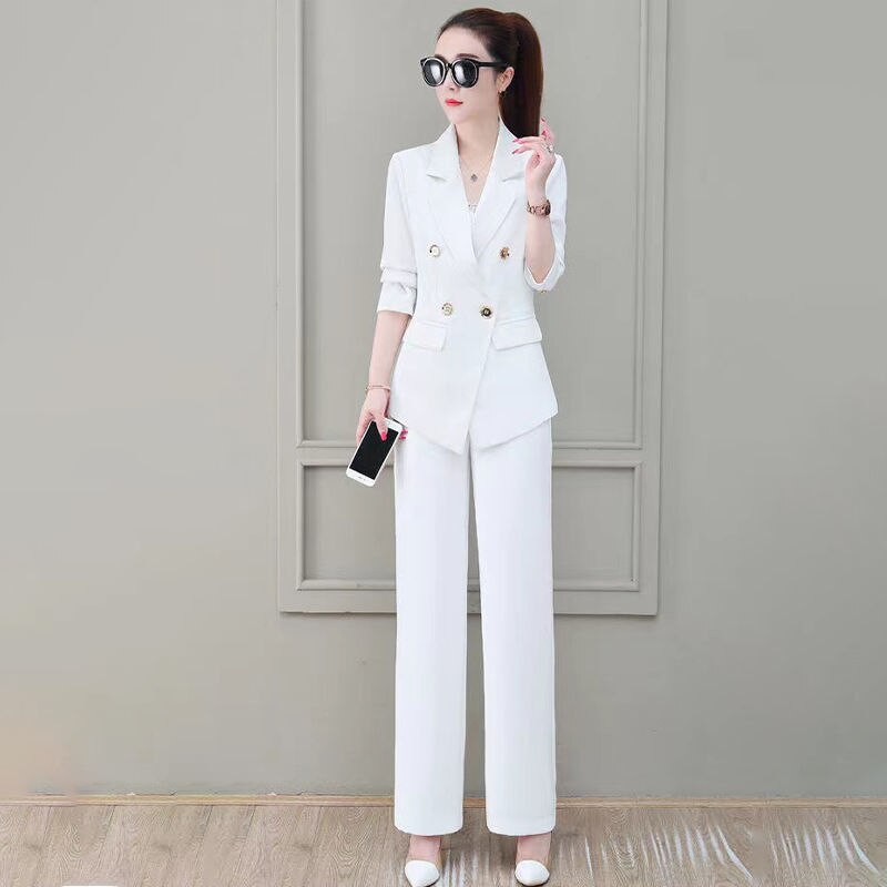 jinran Summer Korean Style Elegant Women's Pants Suit Fashion Slim Jacket Trousers Two-piece Set Office Blazer Temperament Tracksuit