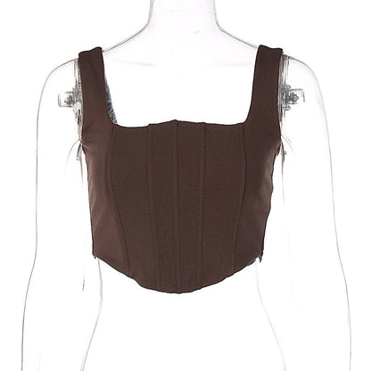 jinran Casual Party Women Tee Short Sleeveless Backless Summer Sexy Tank Tops Corset Y2K Tube Crop Tops  Off Shoulder Brown