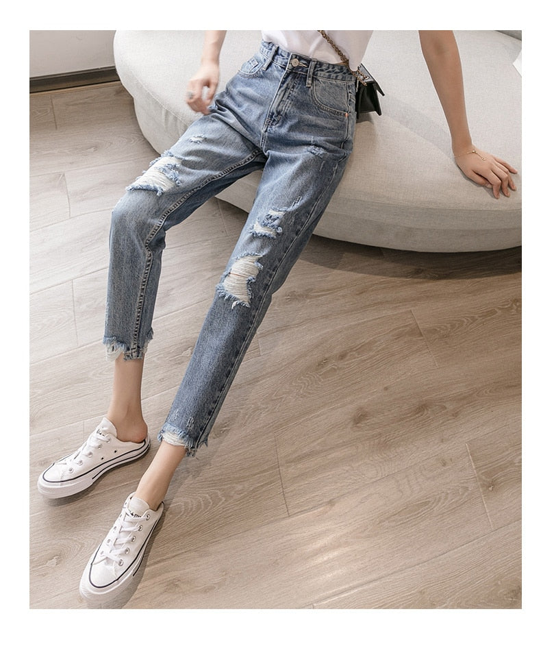 jinran 2022 New Lady Spring And Summer Light Blue Pierced Jeans Women'S Fashion Loose Dad Harlan Trousers High Waist Slim 9-Point Pants