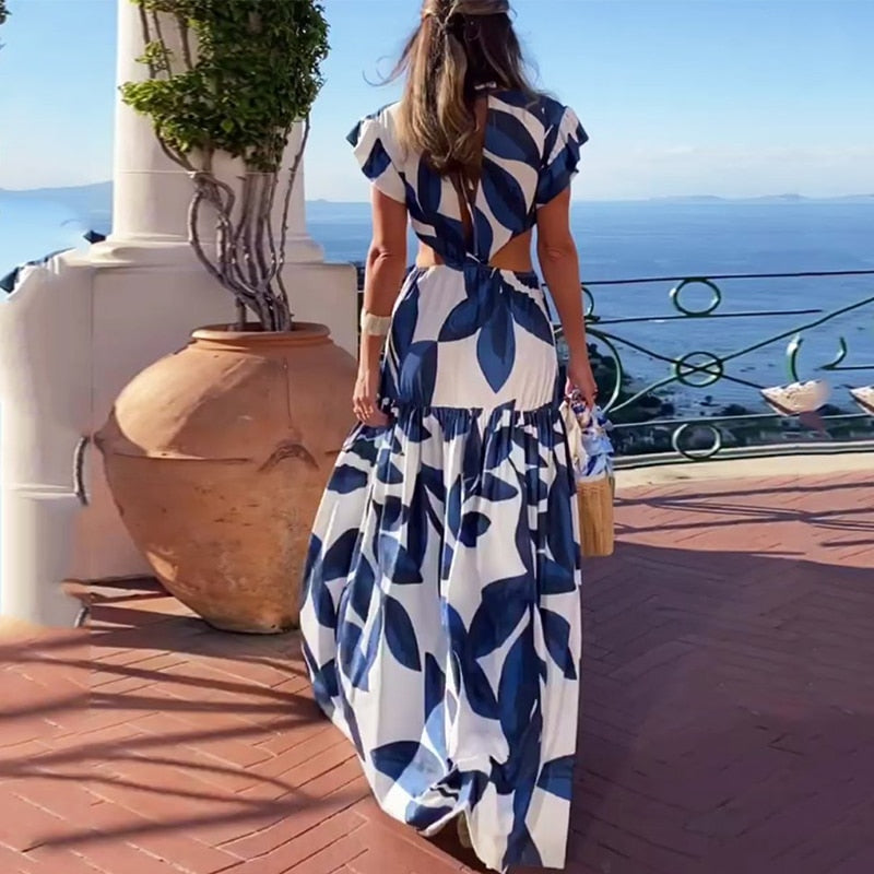 jinran Women Maxi Dress Summer Sexy Fashion Leaky Waist V Neck Backless Butterfly Short Sleeve Print Long Skirt Dresses