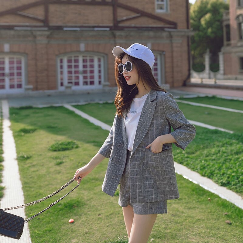 jinran Spring Summer Women Thin Casual Blazer Korean Fashion Graceful Plaid Suit Coat+Short Pants Two Pieces Set Workwear Female