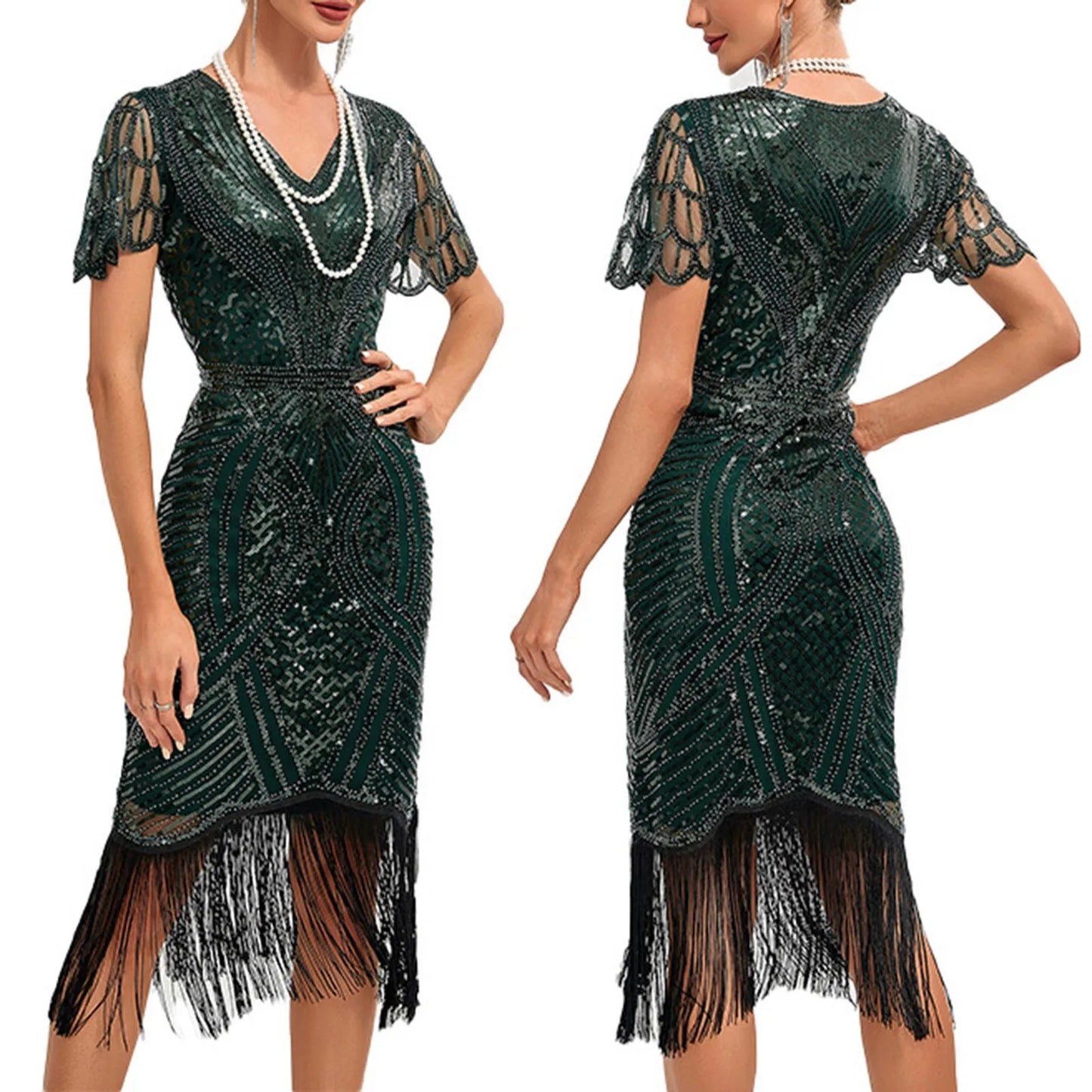 nvxiot  -  Women's Sequin Cocktail Party Dresses Retro 1920s Tassels Flapper Dress Vintage Fringe Great Gatsby Evening Dress Vestidos