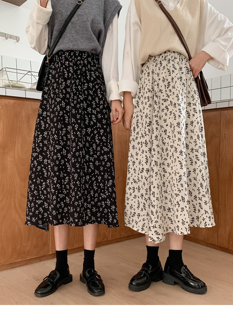 jinran Summer New Floral Print A Line Pleated Women Long Skirts 2022 Korean Fashion Elastic Waist Sweet Retro Midi Skirt Streetwear