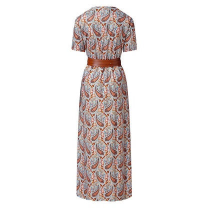 jinran Women Long Chiffon Dress Retro Elegance Short Sleeve A-Line Maxi Dresses Holiday Beach Casual Robe Flower Print Vestido
