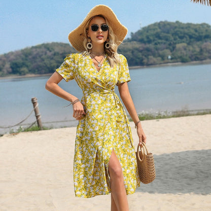 jinran Floral Print Ruffle Hem Tie Side Wrap Dress Summer V-neck Prairie Chic Short Sleeve Women Dress Yellow Printing Robe Femme