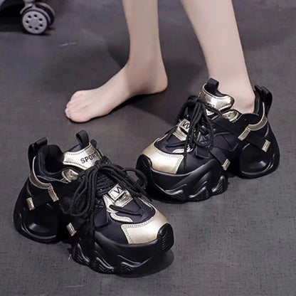 jinran Mix Color PU Leather Chunky Sneakers Women 2024 Thick Bottom Non-Slip Sports Shoes Woman Lace Up Platform Vulcanized Sneakers