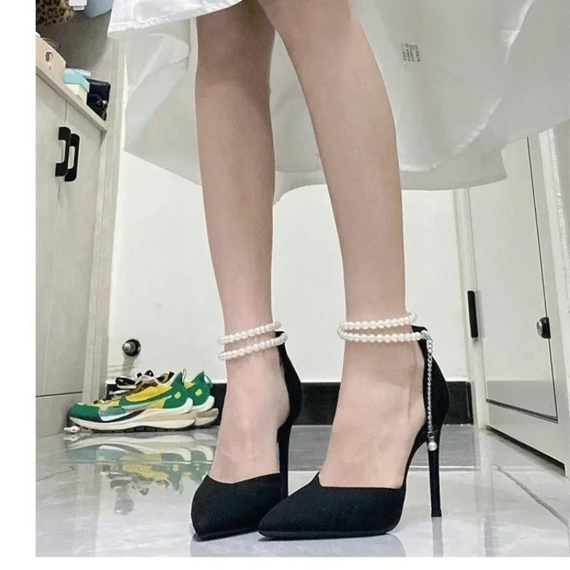 jinran Black High Heels 2024 New Pumps Stiletto Pointed Toe Pearl Anklets High-end Shoes Fashionable Comfortable Women's Shoes