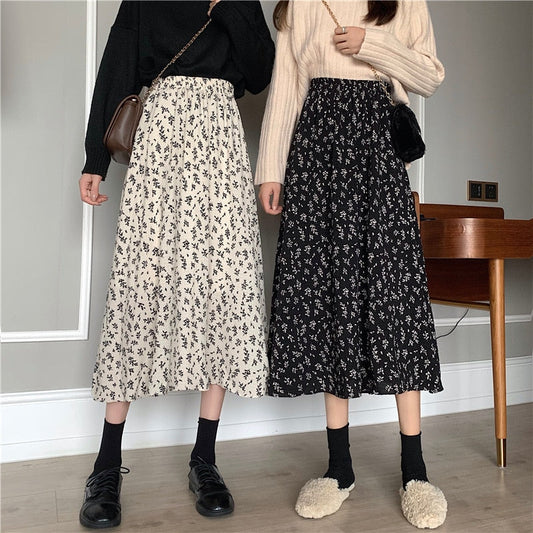 jinran Summer New Floral Print A Line Pleated Women Long Skirts 2022 Korean Fashion Elastic Waist Sweet Retro Midi Skirt Streetwear