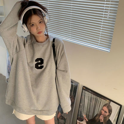 jinran Korean New Grey Crew Baggy Sweatshirt Women Spring Autumn Fashion Letter Printing High Street Vintage Long Sleeves Pullover TOP