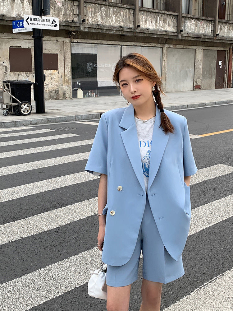 jinran Summer 2022 Thin Casual Loose Short Sleeve Jacket and Shorts Two-piece Elegant Women's Pants Suit Female Office Tracksuit Blazer