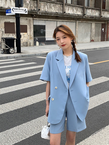 jinran Summer 2022 Thin Casual Loose Short Sleeve Jacket and Shorts Two-piece Elegant Women's Pants Suit Female Office Tracksuit Blazer