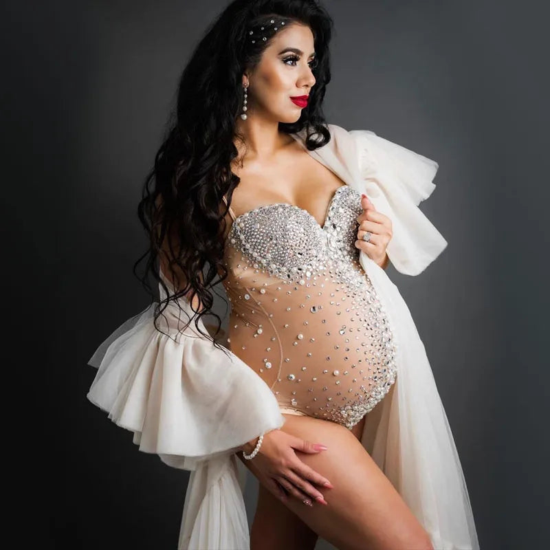 nvxiot  -  Sexy Luxury Pregnant Photography Bodysuit Heavy Industry Embroidery Water Diamond Pearl Maternity Clothing See-through Blouses