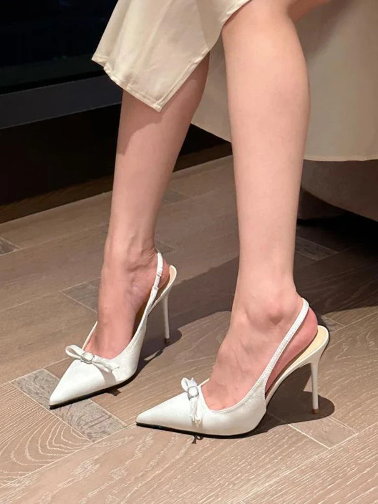 jinran Pure Color Sexy Sandals Women 2024 Summer High-heeled Stiletto Shoes Female Pointy Diamond-bow French Temperament Single Shoes