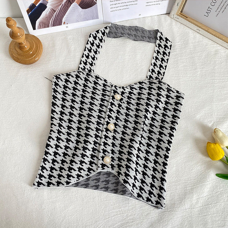 jinran Houndstooth V Neck Halter Top Crop Top Women Sexy Backless Camisole Knitting Soft Comfortable Vest Women 2022 New