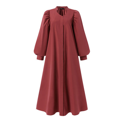 jinran Women Casual V Neck Solid A-Line Vestido 2022 Fashion Long Puff Sleeve Sundress Holiday Dress Retro Kaftan Dress Oversize