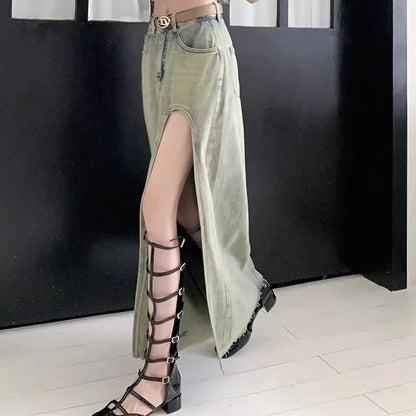 jinran 2024 New Women Designer High Waist Denim Side Slit Skirts Female Hotsweet Fashion Wrapped Dress Girls Sexy Blue Skirts Big Size