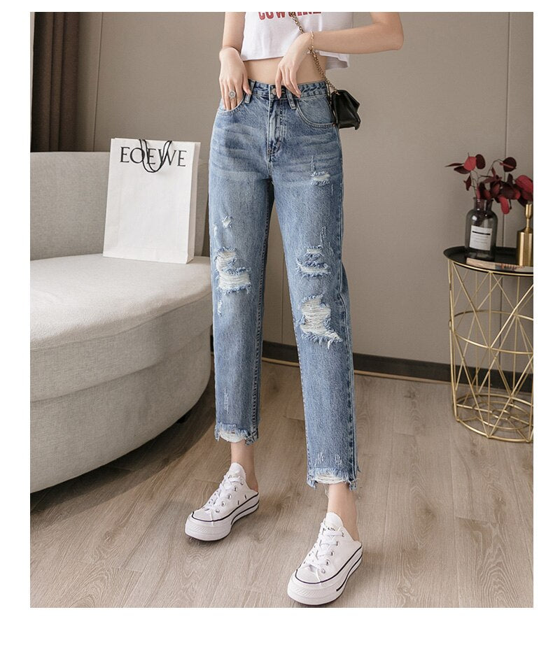 jinran 2022 New Lady Spring And Summer Light Blue Pierced Jeans Women'S Fashion Loose Dad Harlan Trousers High Waist Slim 9-Point Pants