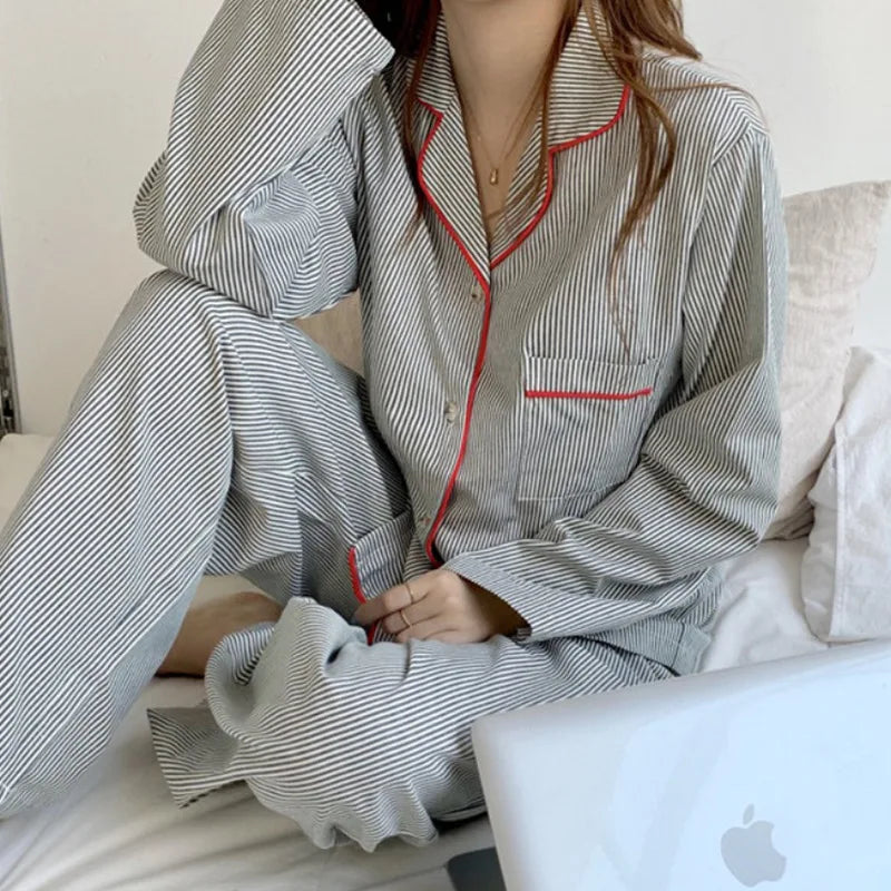 jinran New Ins Pajamas Women's Simple Striped Long-sleeved Cardigan Girl Korean Thin Loungewear Two-piece Set Pajamas for Women Spring