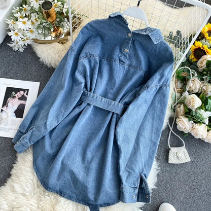 jinran Women's Denim Shirt Dress Straps Waist Thin Single-breasted Pockets Jacket Cowboy Blouses Belted Cardigan A-Line Dress Vestido