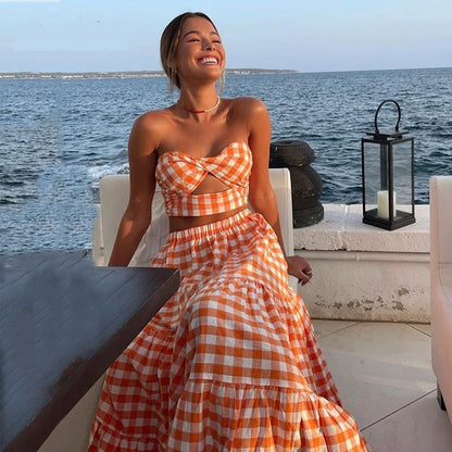 jinran Gingham Print Off Shoulder Sexy Front Cut Out Summer Dress Long Elegant Plaid Vintage Strapless Beach Dress Sleeveless
