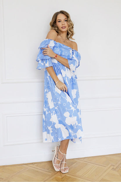 jinran Sexy Long Beach Dress Women Sky Blue White Floral Boho Chiffon Dress Short Sleeve Maxi Dresses For Women Summer 2023