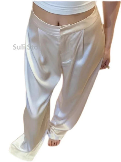 jinran White Acetate Satin Wide-Leg Pants Women's Summer Drooping Straight Graceful Casual Pants Slimming Suit Pants Mop Fashion