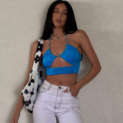 jinran Blue Halter Crop Tops Sleeveless Backless Hollow Out Bandage Tee Top Sexy Skinny Summer New Beach Casual Clothes Y2K