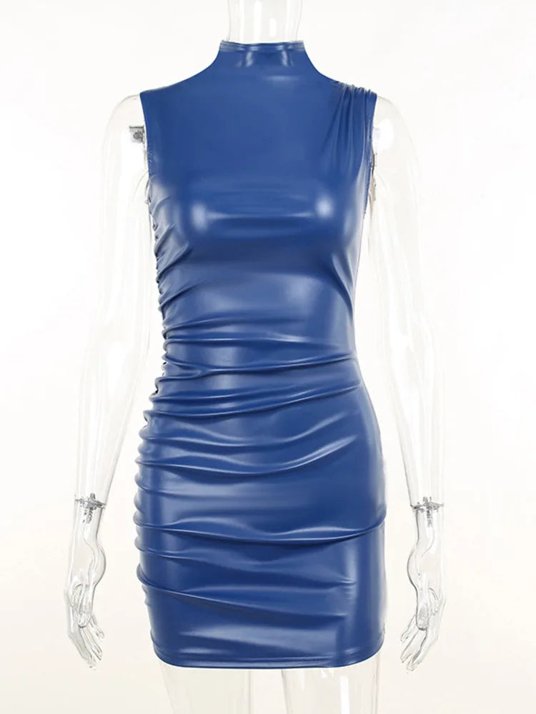 jinran Winter New Sleeveless PU Leather Mini Dress For Women Robe Turtleneck Bodycon Ruched Sexy Short Dress Vestido