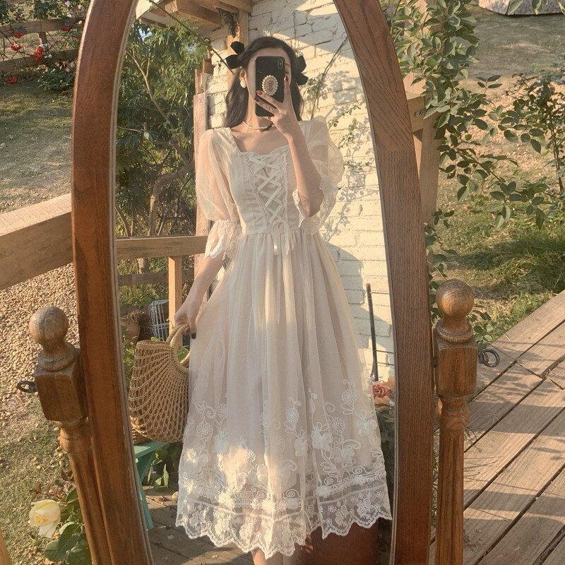 jinran Women Lace Elegant Princess Party Fairy Dress French Vintage Midi Dress Female Spring Casual Korean Wedding Victorian Dress