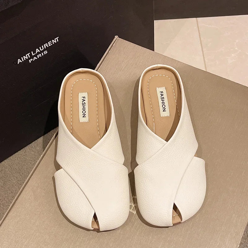 jinran Women Pure Color Flat Slippers Shoes Summer Peep Toe Leather Flat Sandals Female Fashion Mules Casual Outwear Shoes 2024 New