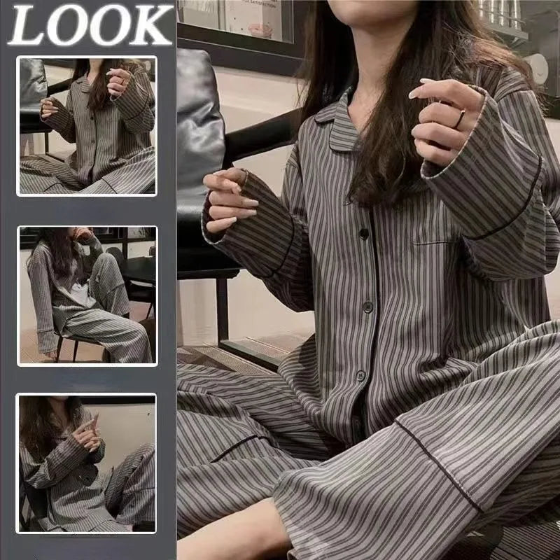 jinran 2024 New Cardigan Simple Pajamas Women Spring Autumn Sleepwear Striped Student Homewear Suit V-neck Loose Thin Loungewear