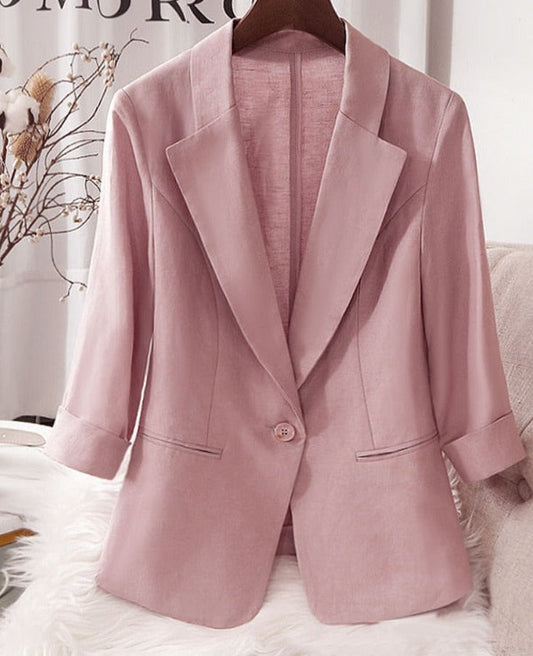 jinran Linen pink thin small suit coat women's summer cotton linen short slim suit women's top