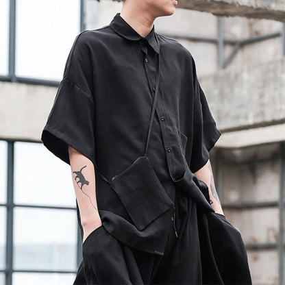 Black Oversized Short Sleeve Shirt Men's Korean Style Drop Shoulder Shirt Harajuku Loose Single Breasted Shirt