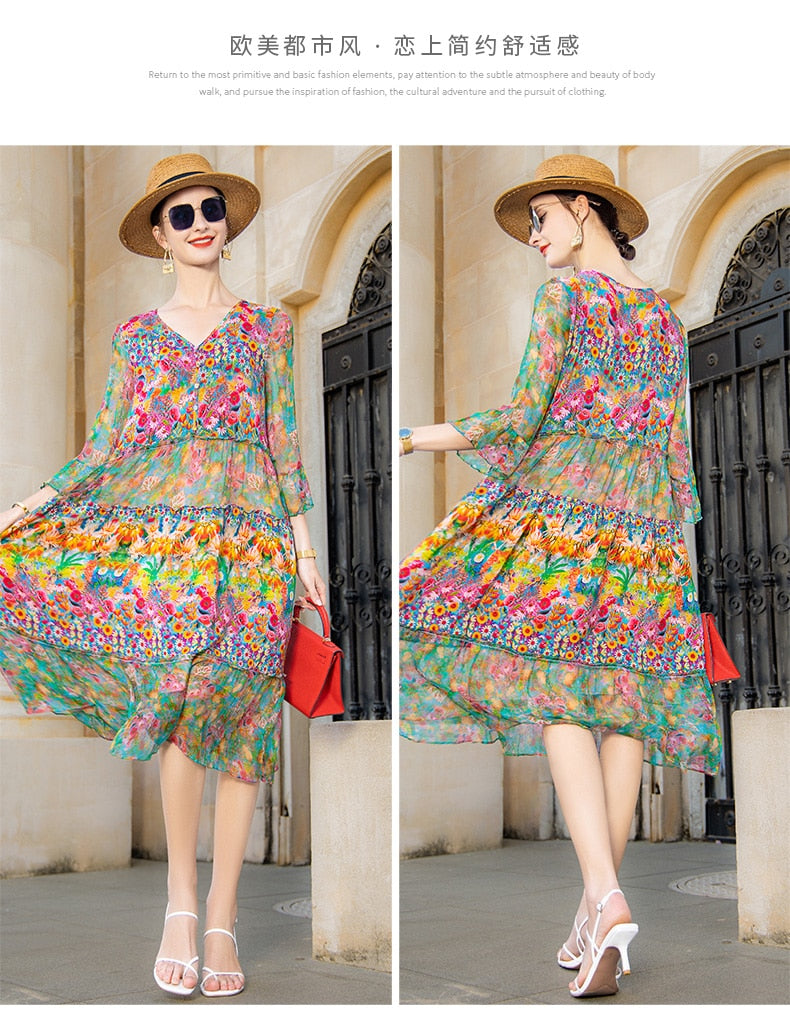 jinran High Quality Summer Beach Boho Vintage Print Silk V Neck Dress Elegant Party Robe Designer Vestidos Loose Midi Dresses