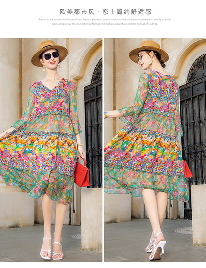 jinran High Quality Summer Beach Boho Vintage Print Silk V Neck Dress Elegant Party Robe Designer Vestidos Loose Midi Dresses