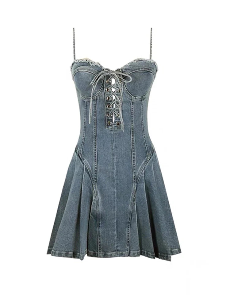 jinran Women Denim Dress Hip Package Elastic Drawstring Lace Up Spaghetti Starp Mini Bodycon A-line Vestidos Sexy Streetwear Clothes