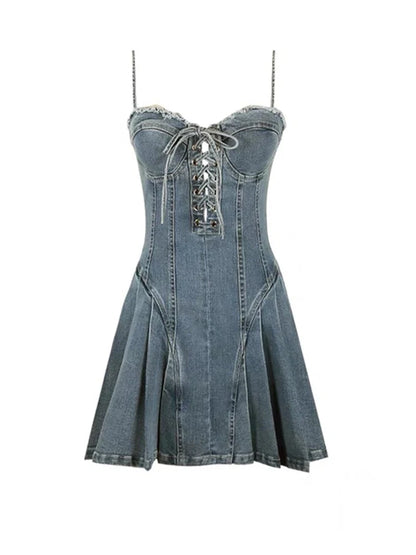 jinran Women Denim Dress Hip Package Elastic Drawstring Lace Up Spaghetti Starp Mini Bodycon A-line Vestidos Sexy Streetwear Clothes