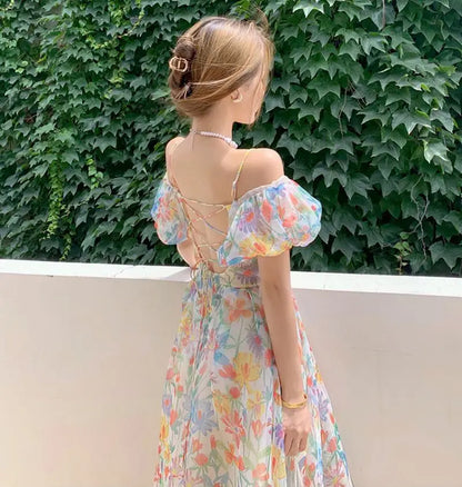 jinran Women's French First Love Puff Sleeves Floral Long Dress Summer Dresses Cool and Breathable Bare Shoulder Korean Fashion 2024