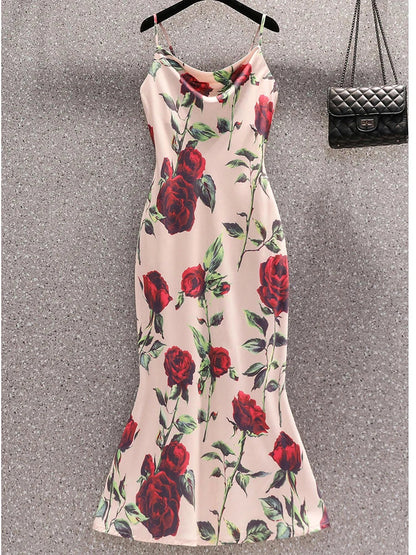 jinran 2024 Summer Vintage Elegant Rose Printing Sling Sexy Dress V-neck Chic Evening Chiffon Dresses Fashion Prom Party Maxi Vestidos